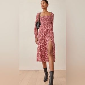 Reformation red floral long sleeve dress